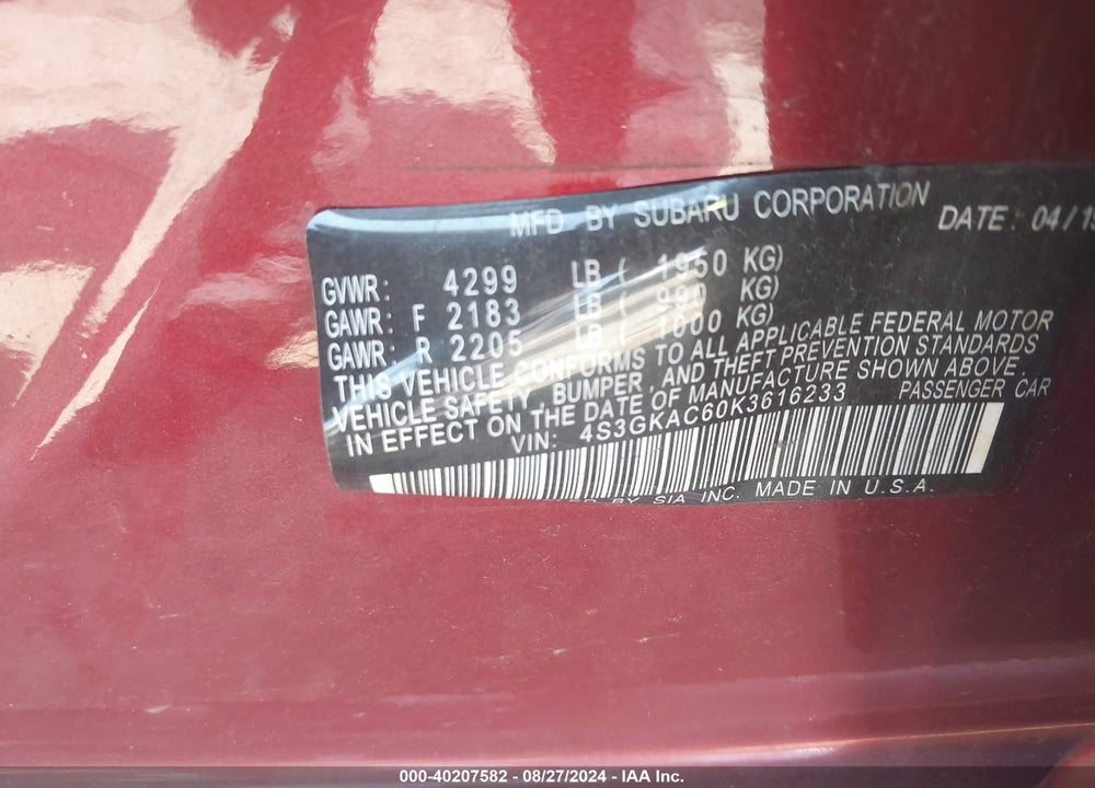 2019 SUBARU IMPREZA 2.0I PREMIUM VIN: 4S3GKAC60K3616233