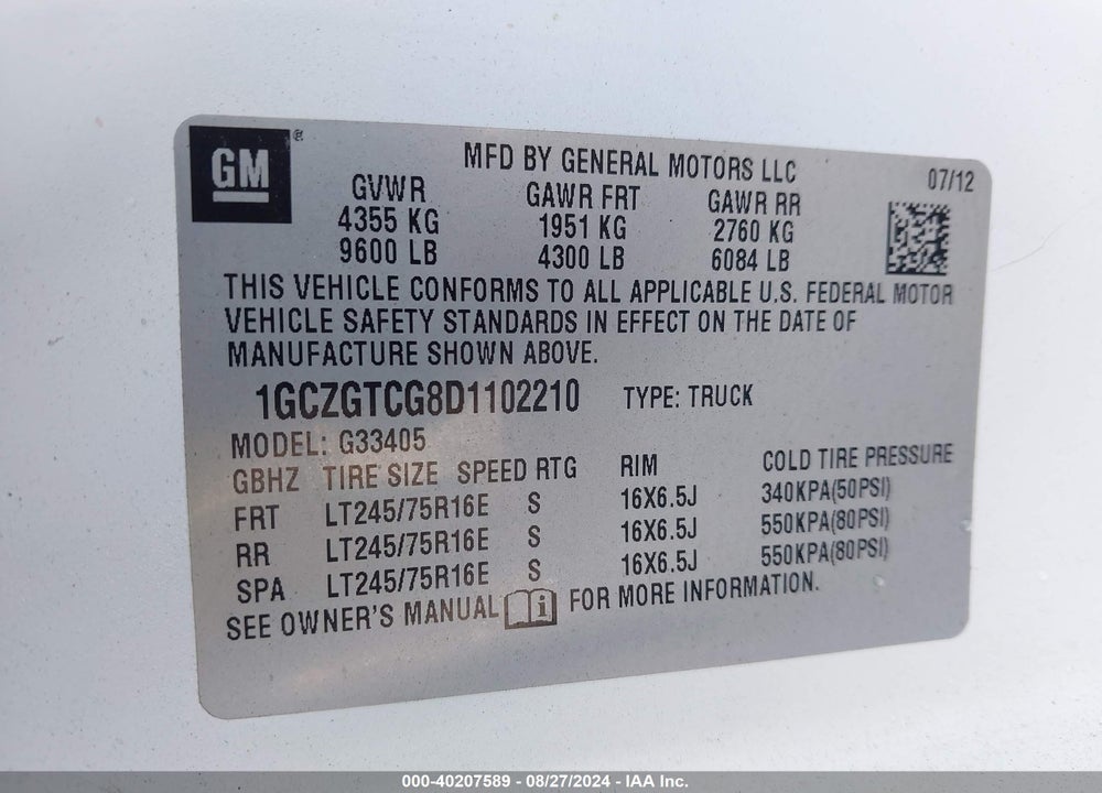 2013 CHEVROLET EXPRESS 3500 WORK VAN VIN: 1GCZGTCG8D1102210