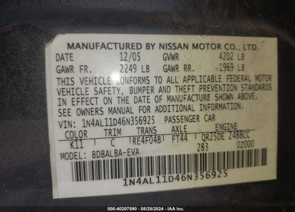 2006 NISSAN ALTIMA 2.5 S VIN: 1N4AL11D46N356925
