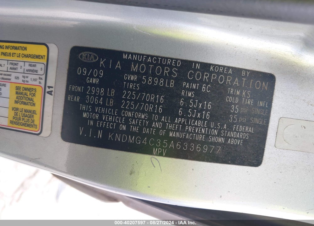 2010 KIA SEDONA BASE (A5)/LX VIN: KNDMG4C35A6336977