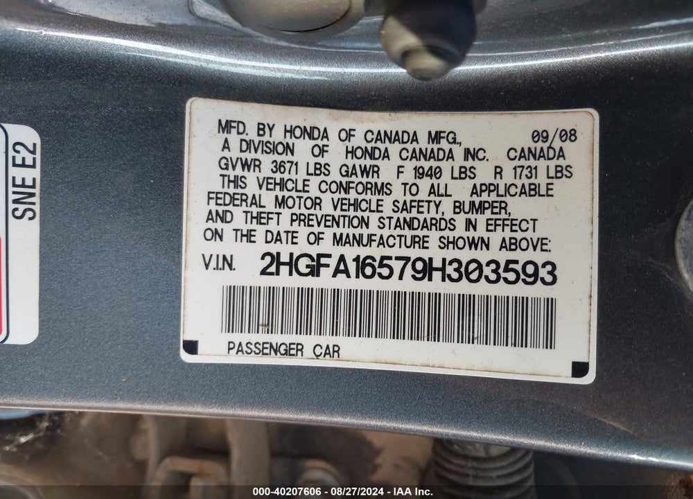 2009 HONDA CIVIC LX VIN: 2HGFA16579H303593