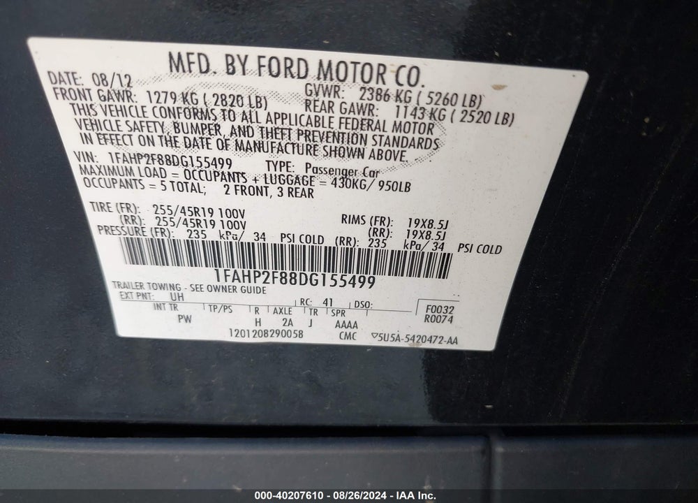 2013 FORD TAURUS LIMITED VIN: 1FAHP2F88DG155499