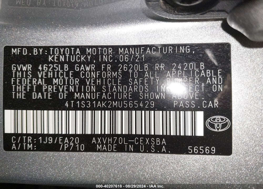 2021 TOYOTA CAMRY SE HYBRID VIN: 4T1S31AK2MU565429