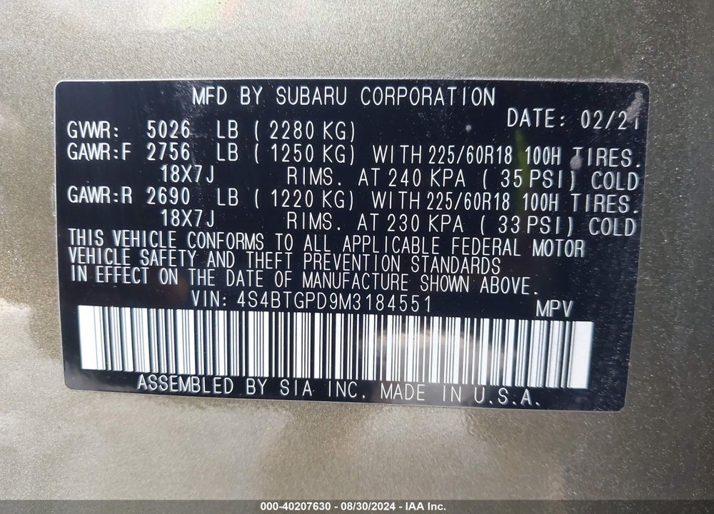 2021 SUBARU OUTBACK TOURING XT VIN: 4S4BTGPD9M3184551