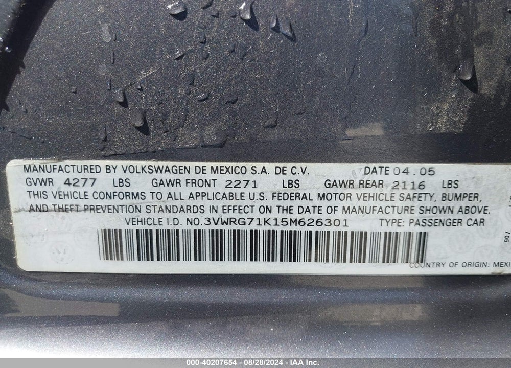 2005 VOLKSWAGEN JETTA 2.5 VIN: 3VWRG71K15M626301