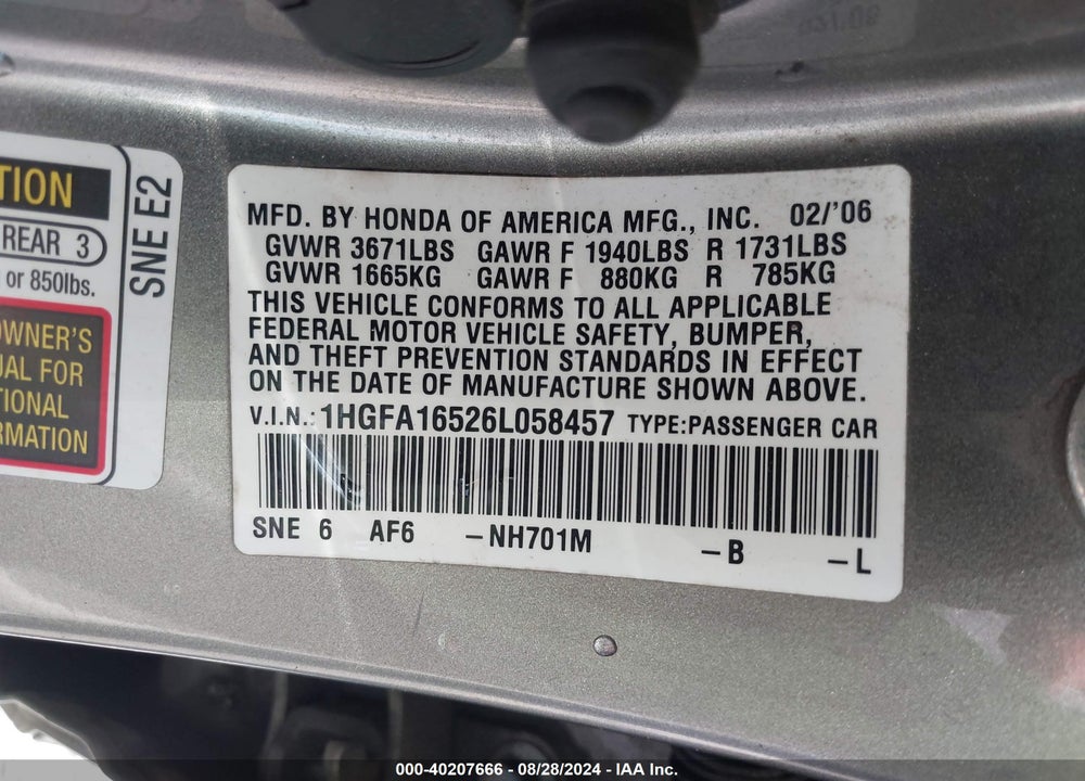 2006 HONDA CIVIC LX VIN: 1HGFA16526L058457