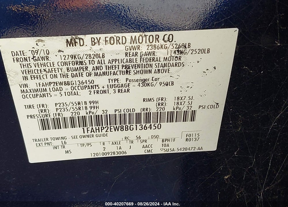 2011 FORD TAURUS SEL VIN: 1FAHP2EW8BG136450