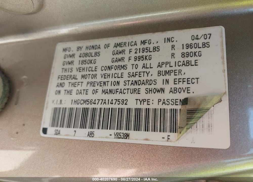 2007 HONDA ACCORD 2.4 LX VIN: 1HGCM56477A147592