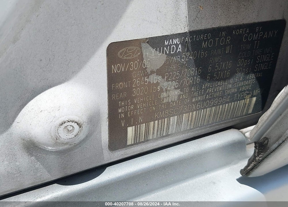2006 HYUNDAI SANTA FE GLS VIN: KM8SC73DX6U099964