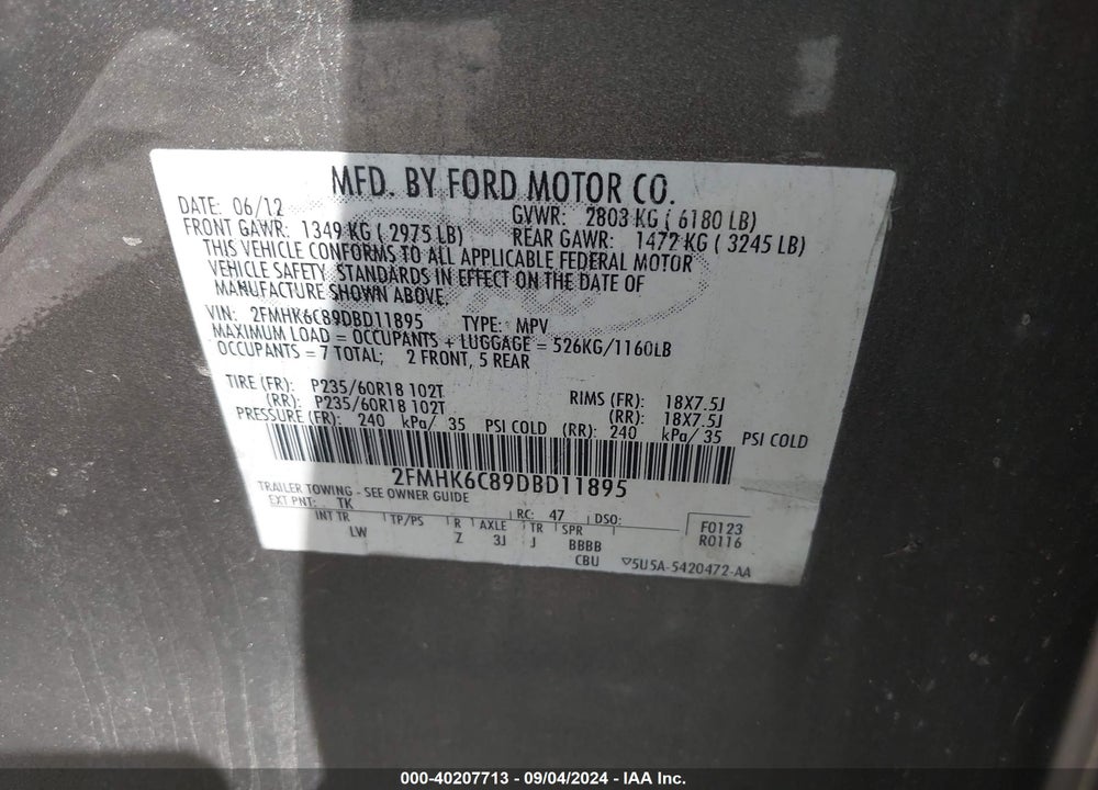 2013 FORD FLEX SEL VIN: 2FMHK6C89DBD11895