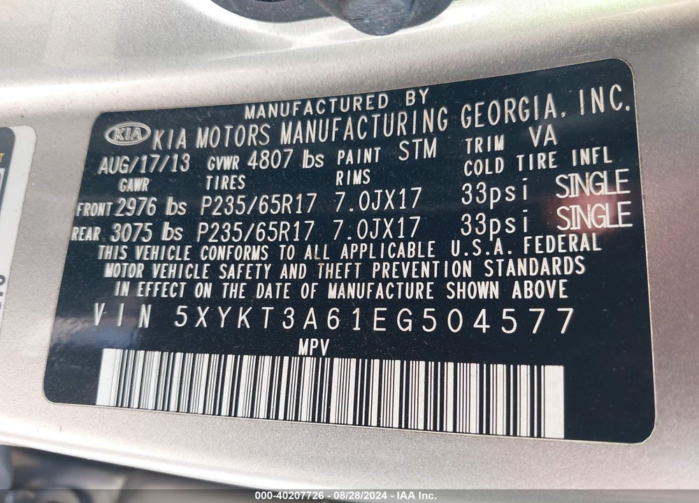 2014 KIA SORENTO LX VIN: 5XYKT3A61EG504577
