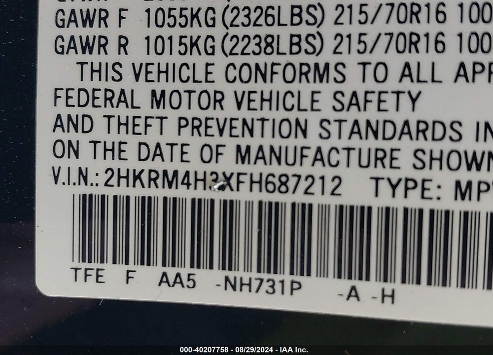 2015 HONDA CR-V LX VIN: 2HKRM4H3XFH687212