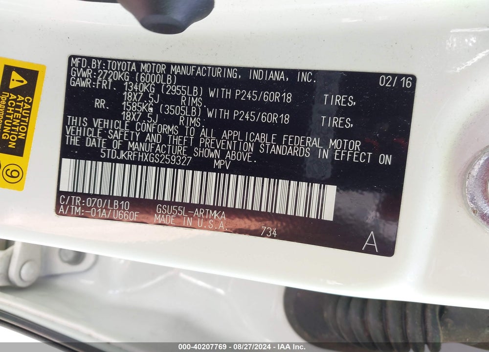 2016 TOYOTA HIGHLANDER XLE V6 VIN: 5TDJKRFHXGS259327