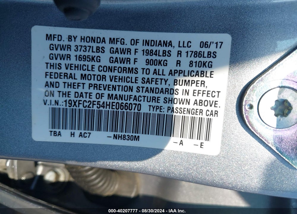2017 HONDA CIVIC LX VIN: 19XFC2F54HE066070