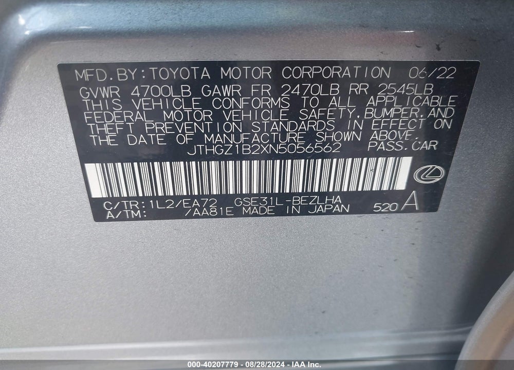 2022 LEXUS IS 350 F-SPORT VIN: JTHGZ1B2XN5056562
