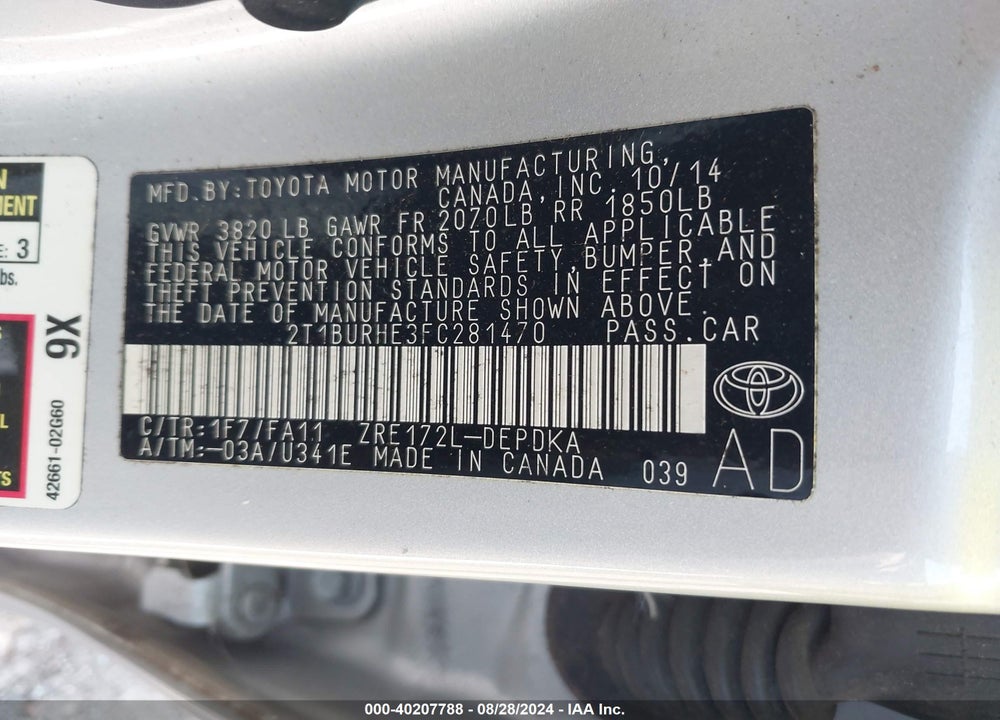 2015 TOYOTA COROLLA L VIN: 2T1BURHE3FC281470