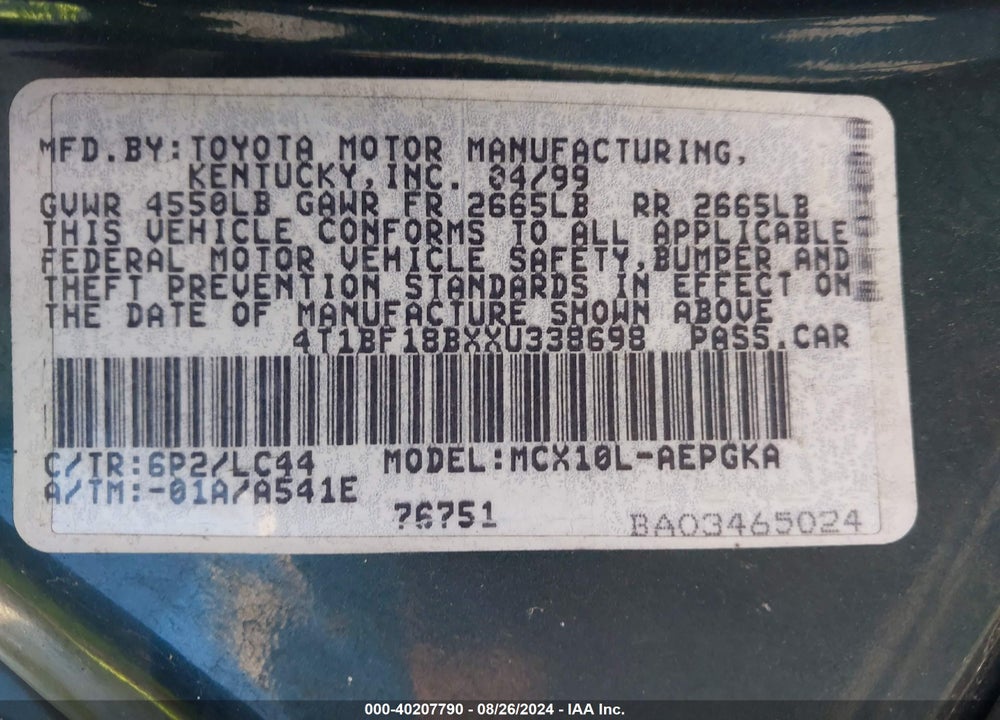 1999 TOYOTA AVALON XLS VIN: 4T1BF18BXXU338698