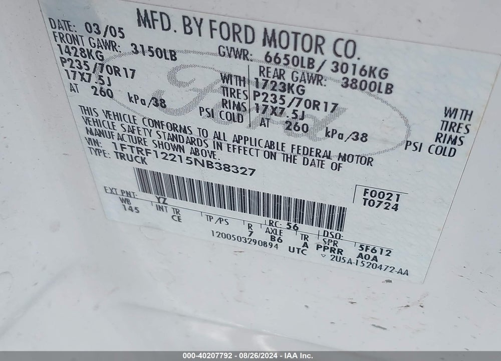 2005 FORD F-150 STX/XL/XLT VIN: 1FTRF12215NB38327