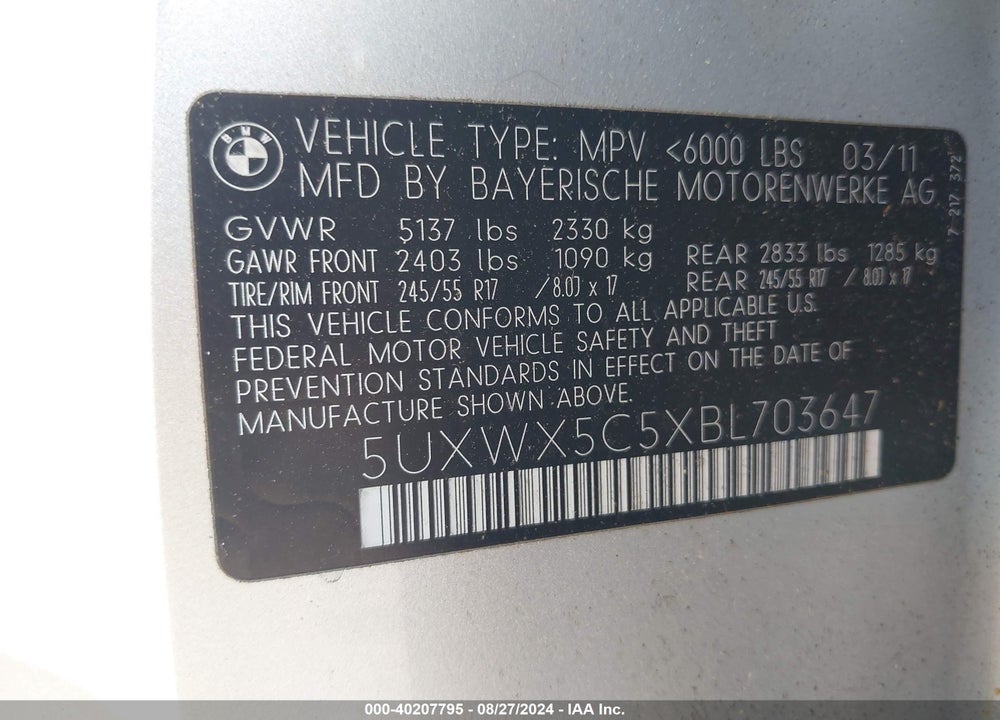2011 BMW X3 XDRIVE28I VIN: 5UXWX5C5XBL703647