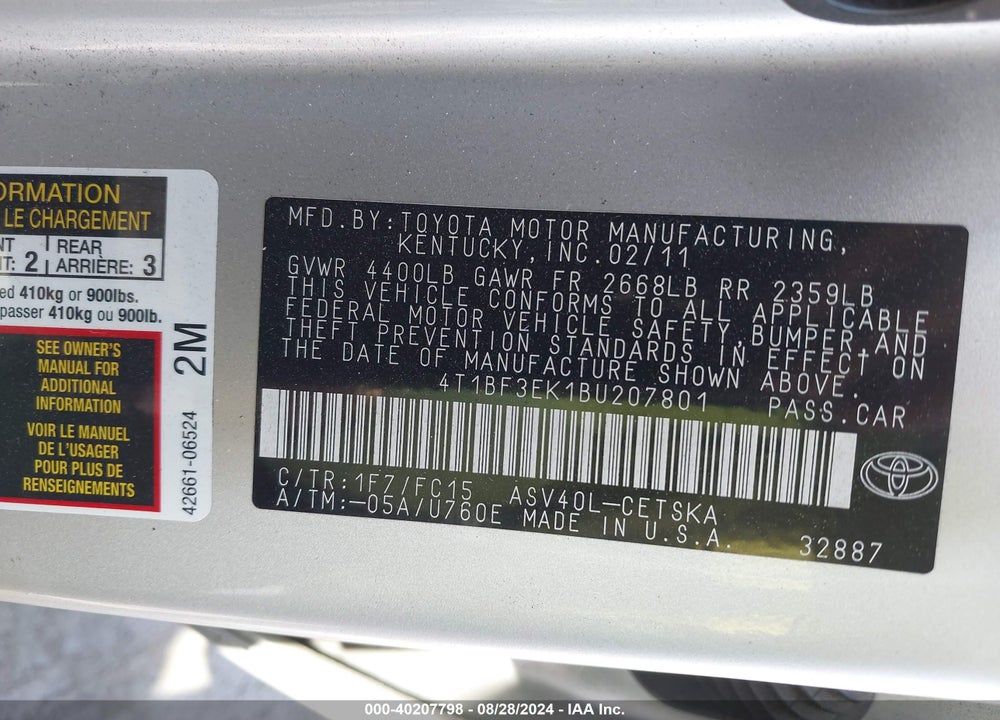 2011 TOYOTA CAMRY SE VIN: 4T1BF3EK1BU207801