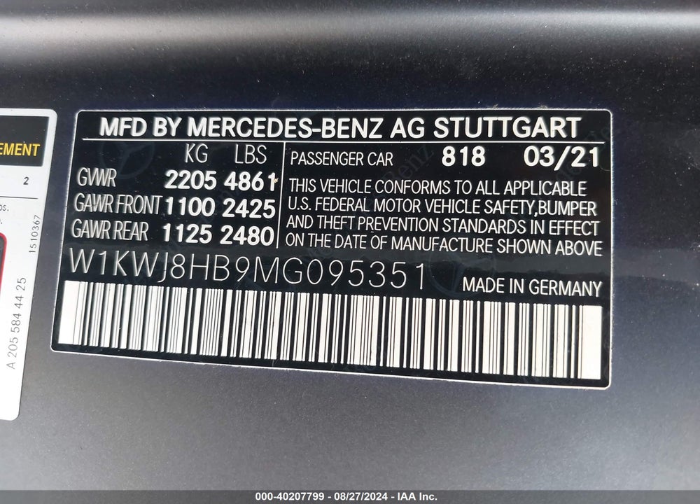 2021 MERCEDES-BENZ AMG C 63 S VIN: W1KWJ8HB9MG095351