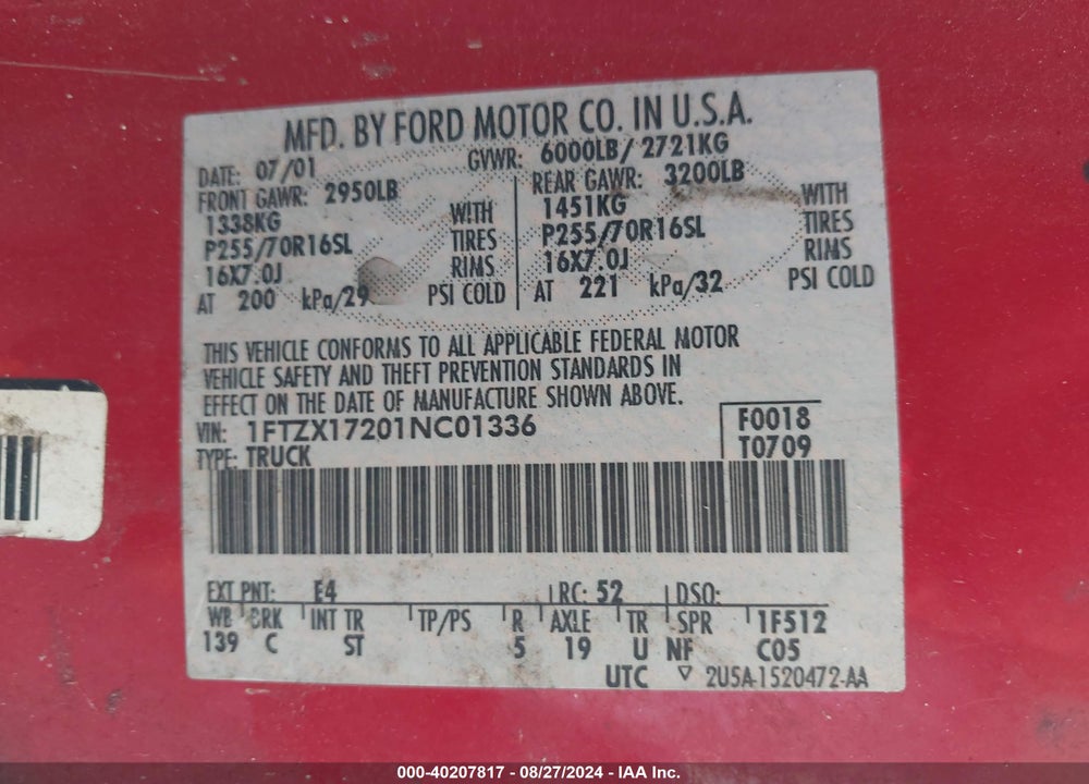 2001 FORD F-150 XL/XLT VIN: 1FTZX17201NC01336
