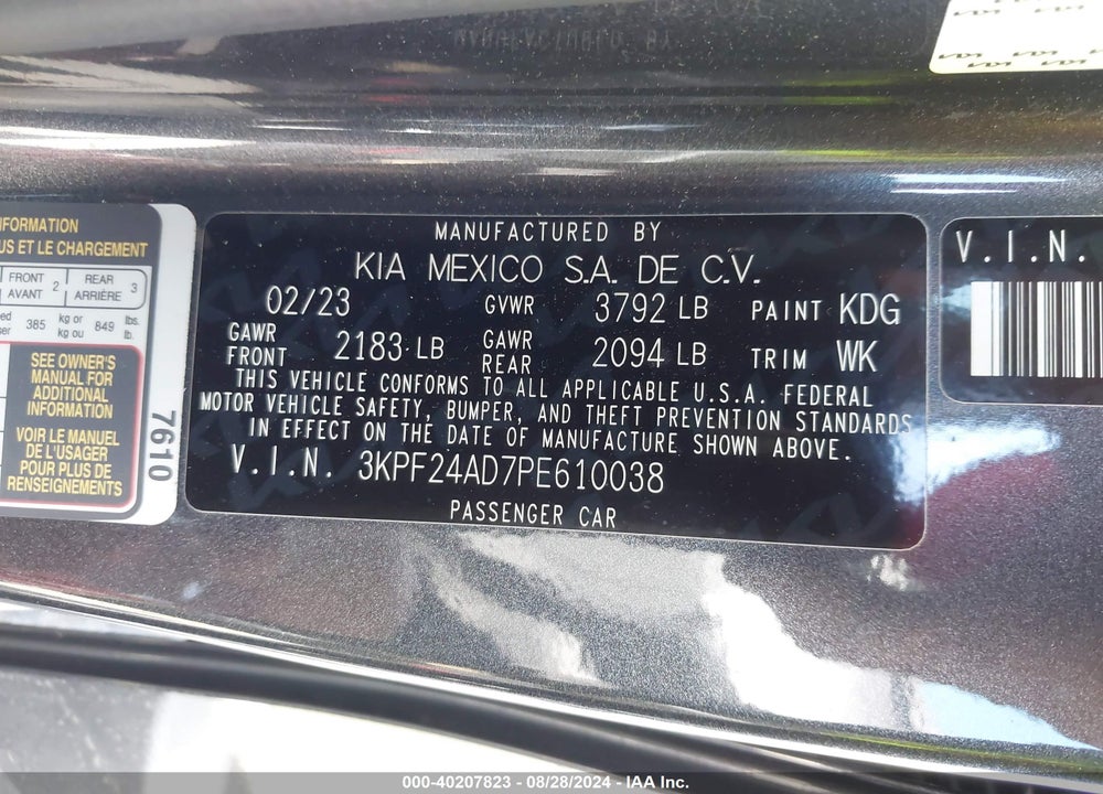 2023 KIA FORTE LXS VIN: 3KPF24AD7PE610038