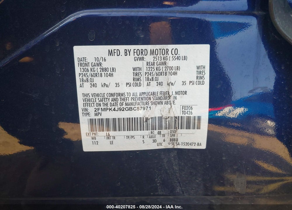 2016 FORD EDGE SEL VIN: 2FMPK4J92GBC57971