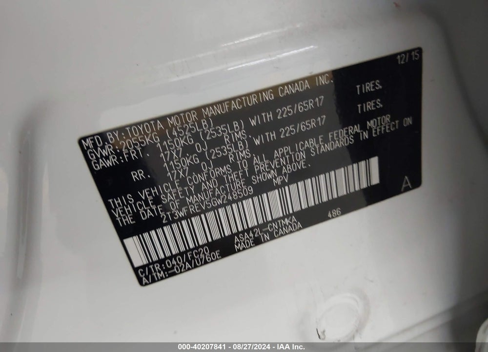 2016 TOYOTA RAV4 XLE VIN: 2T3WFREV5GW248509
