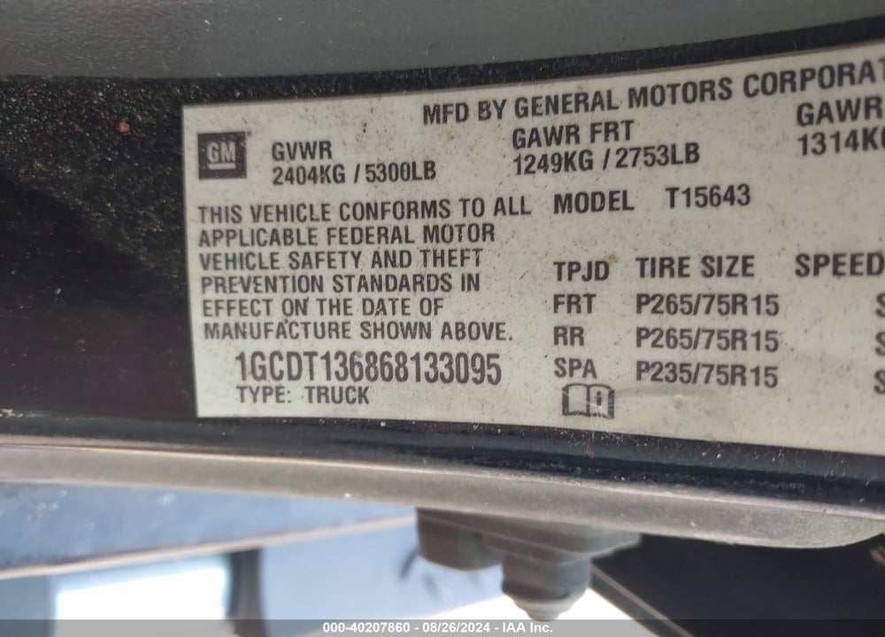 2006 CHEVROLET COLORADO LT VIN: 1GCDT136868133095