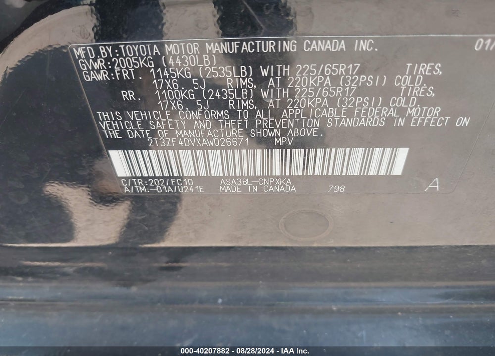2010 TOYOTA RAV4 VIN: 2T3ZF4DVXAW026671