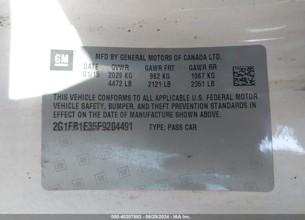 2015 CHEVROLET CAMARO 2LS VIN: 2G1FB1E35F9204491
