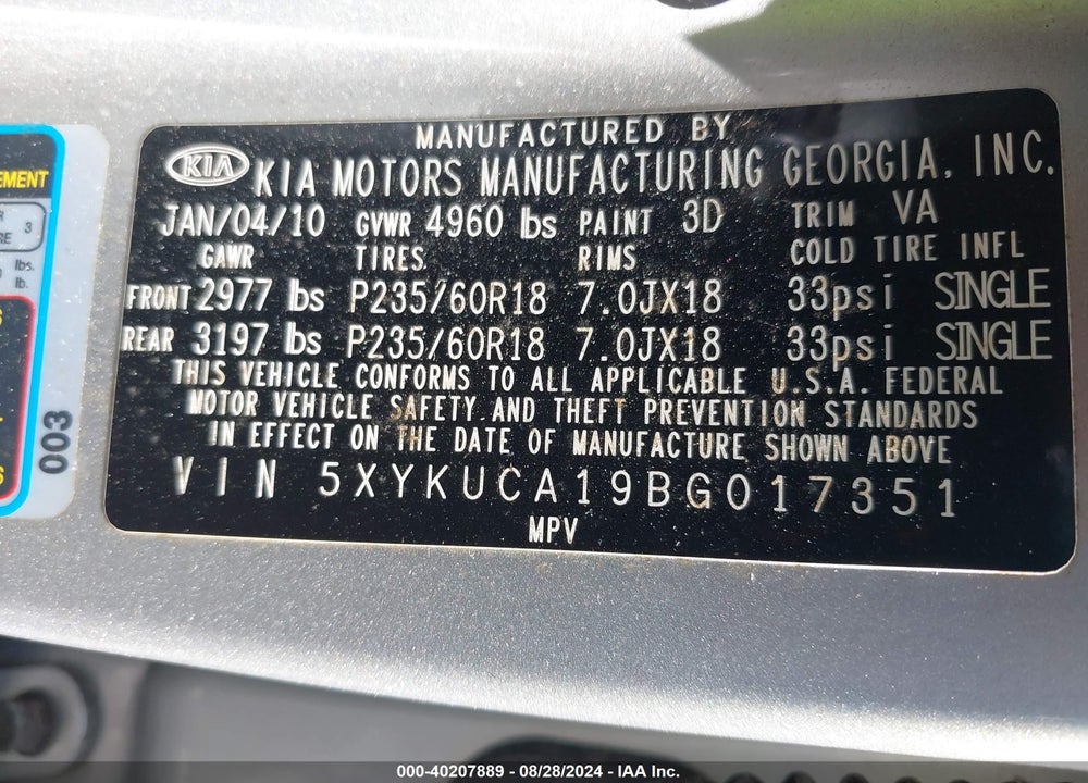 2011 KIA SORENTO EX VIN: 5XYKUCA19BG017351