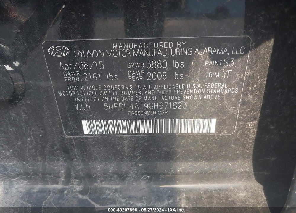 2016 HYUNDAI ELANTRA LIMITED/SE/VALUE EDITION VIN: 5NPDH4AE9GH671823