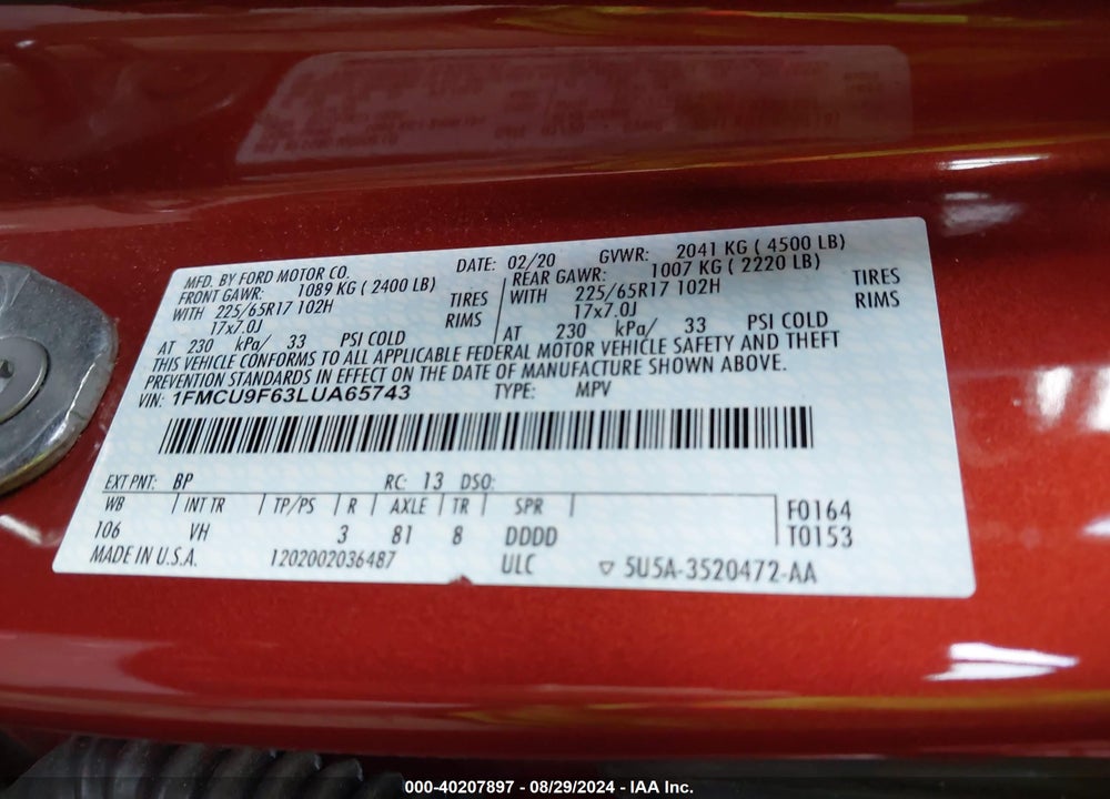 2020 FORD ESCAPE S VIN: 1FMCU9F63LUA65743