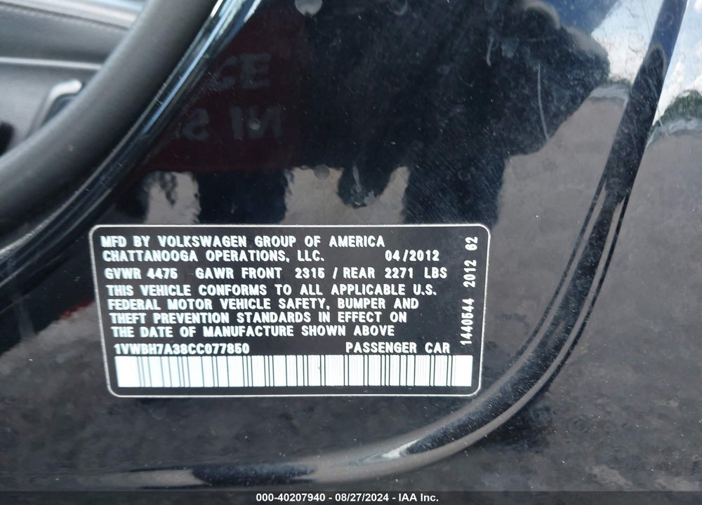 2012 VOLKSWAGEN PASSAT VIN: 1VWBH7A38CC077850