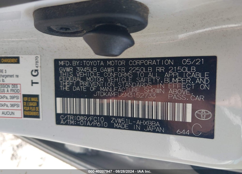 2021 TOYOTA PRIUS L ECO VIN: JTDKAMFU6M3152733