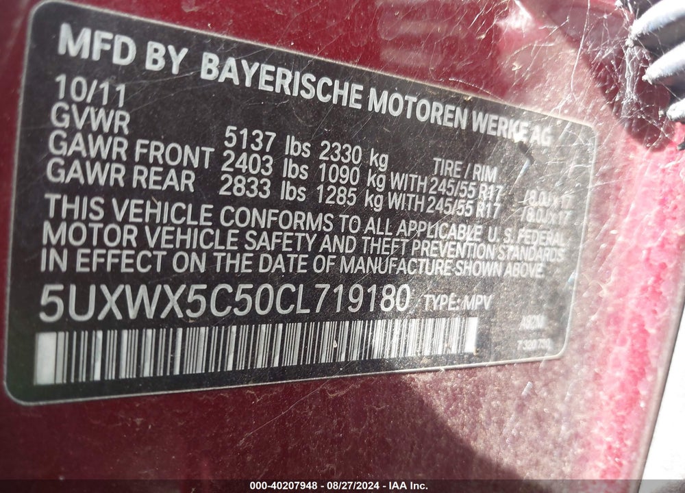 2012 BMW X3 XDRIVE28I VIN: 5UXWX5C50CL719180