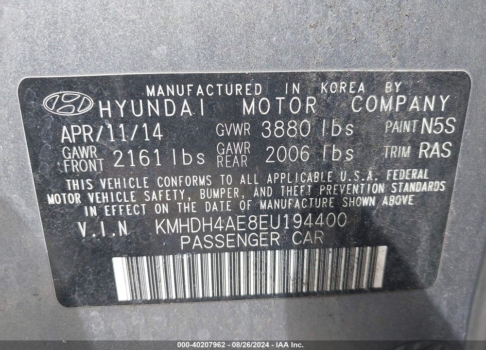 2014 HYUNDAI ELANTRA SE VIN: KMHDH4AE8EU194400