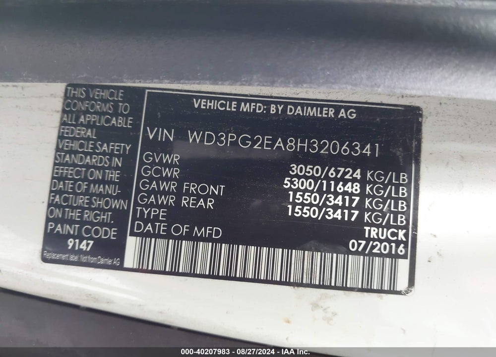 2017 MERCEDES-BENZ METRIS VIN: WD3PG2EA8H3206341