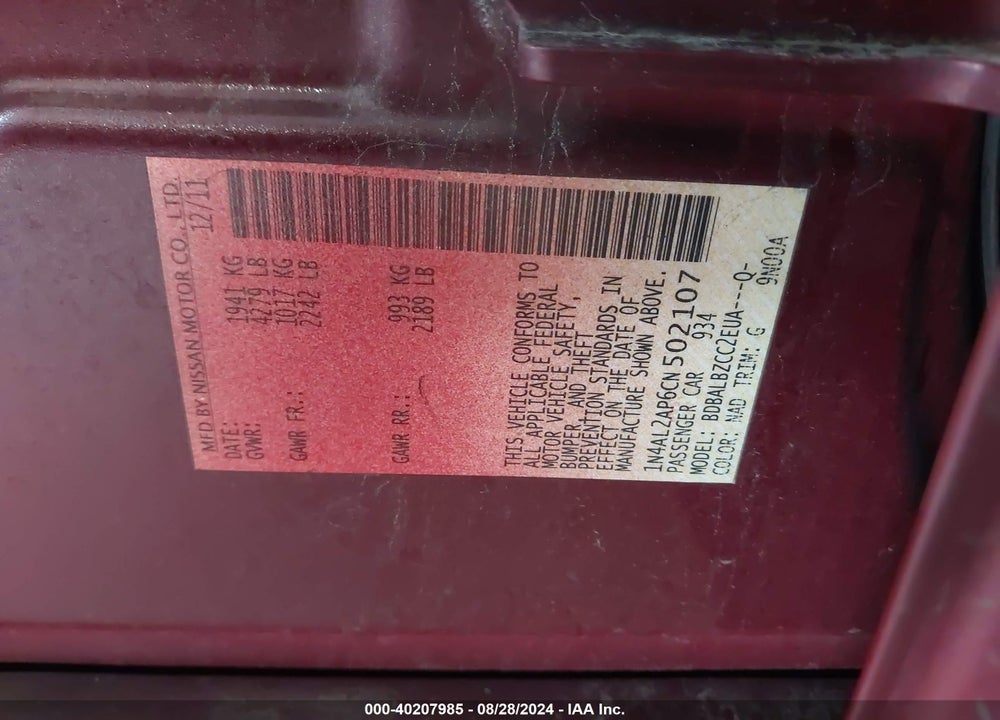 2012 NISSAN ALTIMA 2.5 S VIN: 1N4AL2AP6CN502107