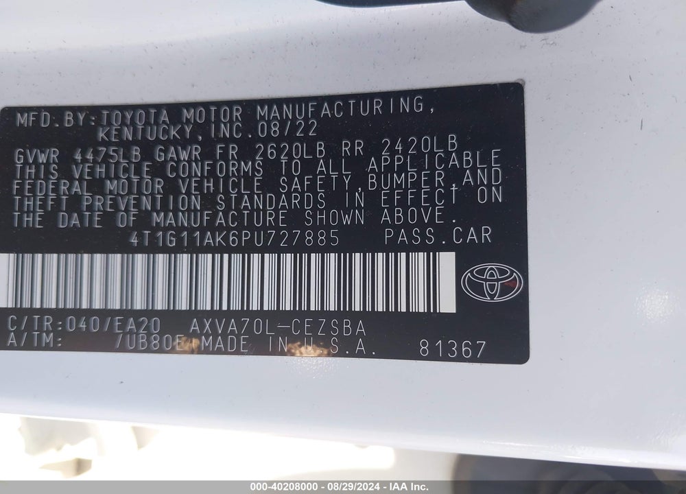 2023 TOYOTA CAMRY VIN: 4T1G11AK6PU727885