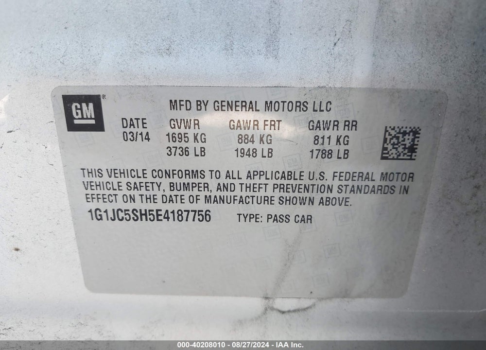 2014 CHEVROLET SONIC LT AUTO VIN: 1G1JC5SH5E4187756