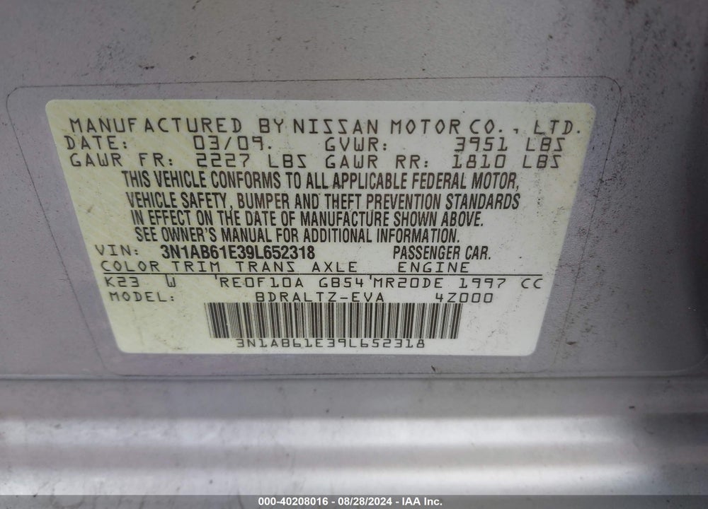 2009 NISSAN SENTRA 2.0S VIN: 3N1AB61E39L652318