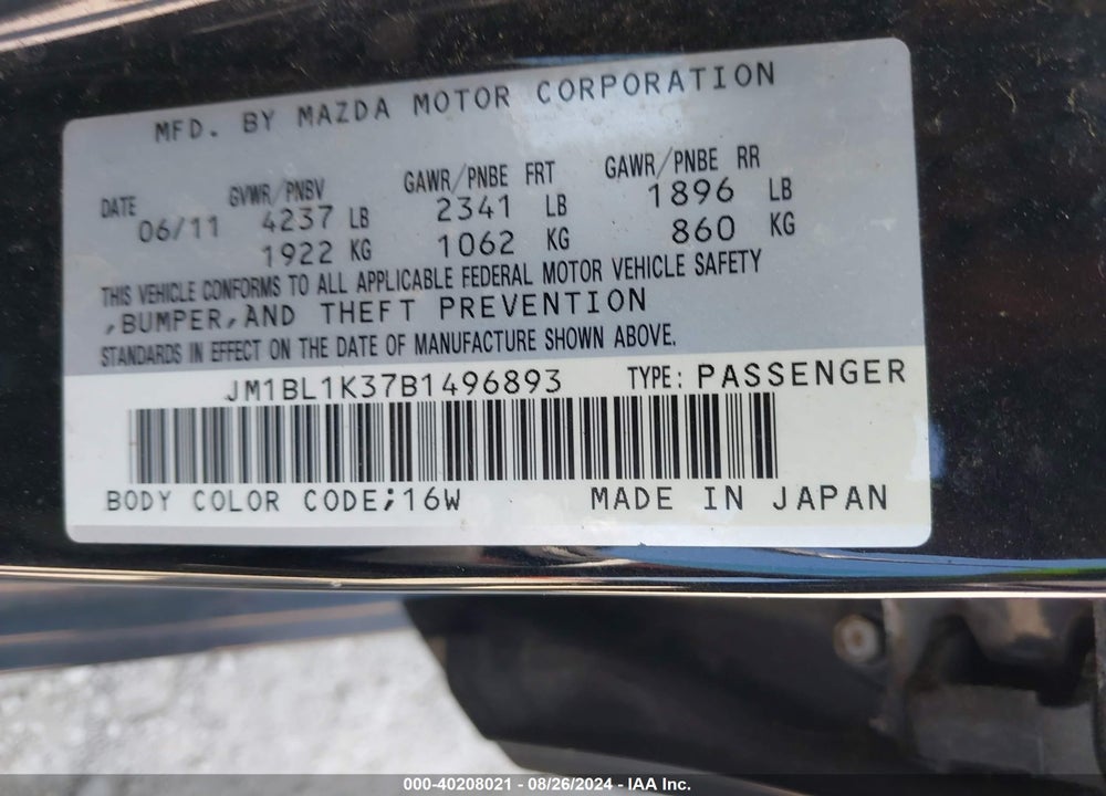 2011 MAZDA SPEED3 SPORT VIN: JM1BL1K37B1496893