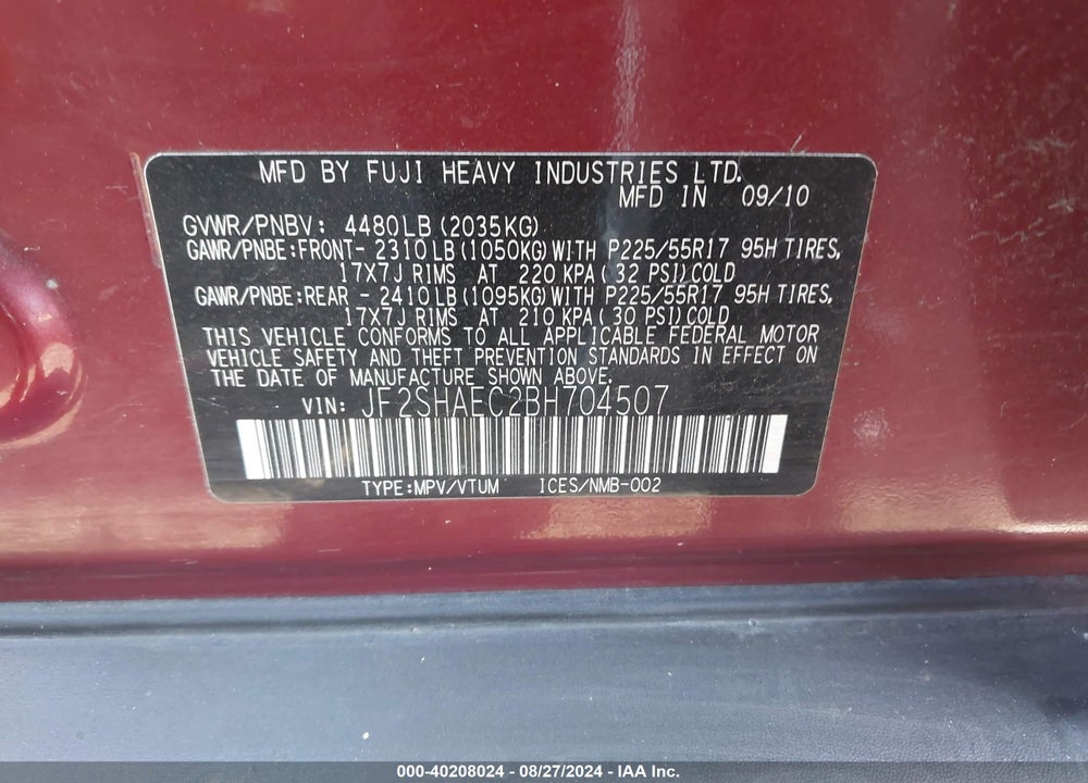 2011 SUBARU FORESTER VIN: JF2SHAEC2BH704507