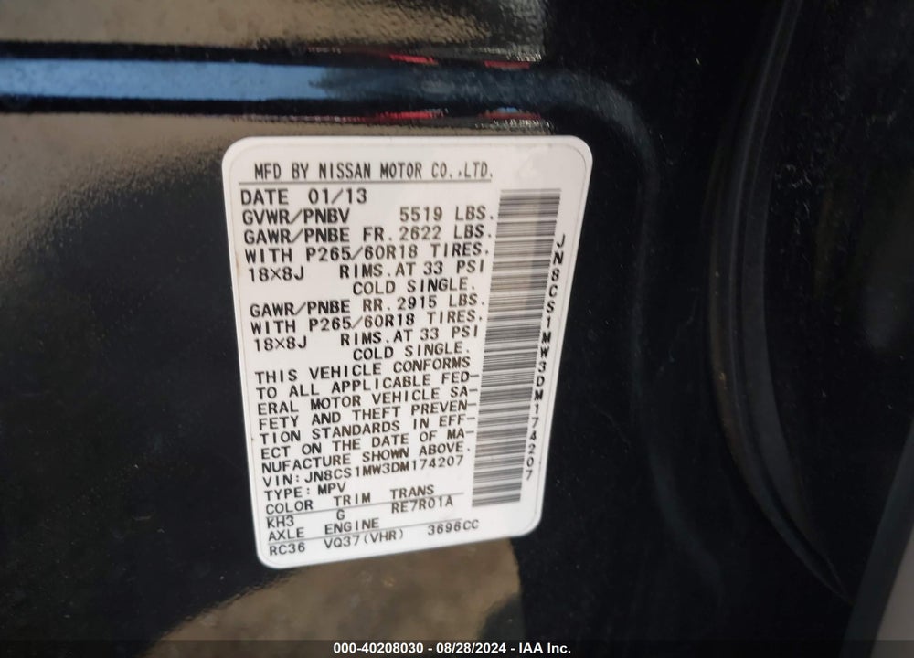 2013 INFINITI FX37 VIN: JN8CS1MW3DM174207