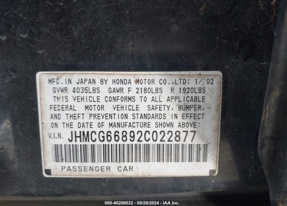 2002 HONDA ACCORD 2.3 EX/2.3 SE VIN: JHMCG66892C022877