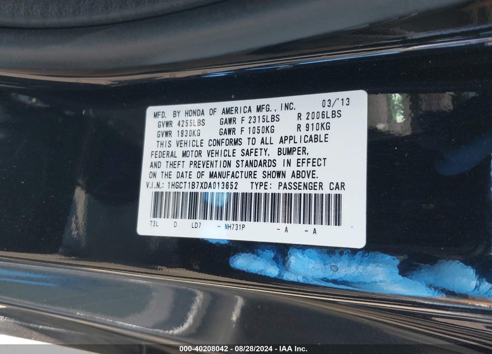 2013 HONDA ACCORD EX VIN: 1HGCT1B7XDA013652