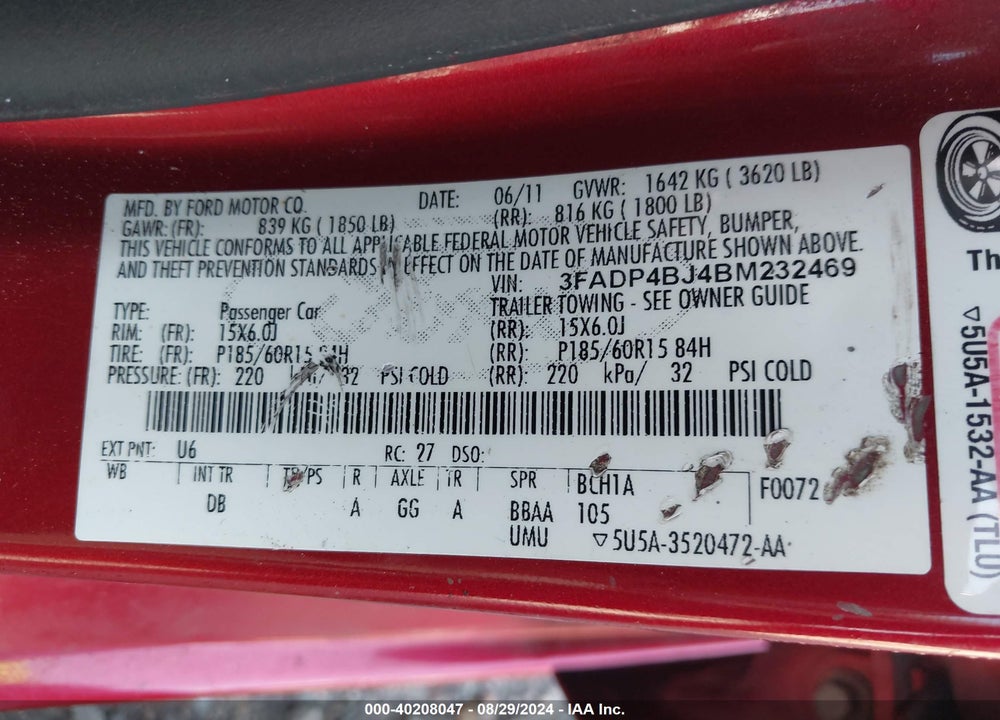 2011 FORD FIESTA SE VIN: 3FADP4BJ4BM232469
